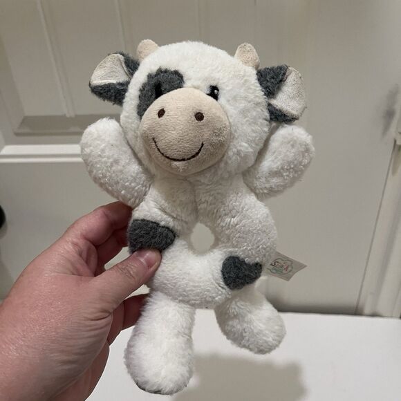 Spark Create Imagine Soft Plush Cow Rattle Gray & White Smiley Happy Face 8" - Picture 2 of 8